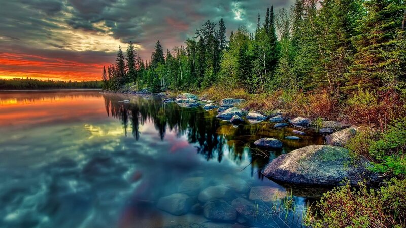 Lake at Sunset — Orange, Dramatic, Photograph, Forest, Rocks