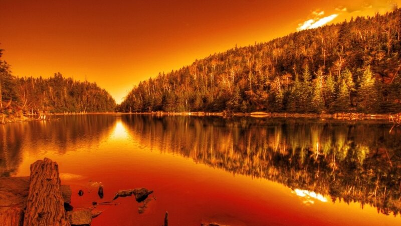 Lake at Sunset — Orange, Dramatic, Photograph, Forest, Trees, Sky