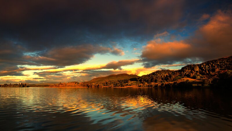 Lake at Sunset — Orange, Dramatic, Photograph, Mountains, Clouds