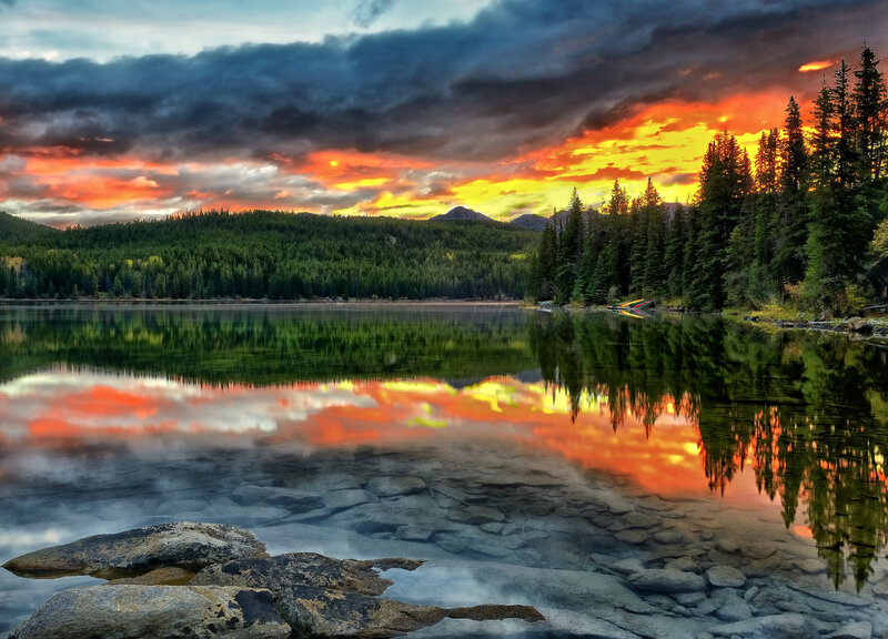 Lake at Sunset — Orange, Dramatic, Photograph, Mountains