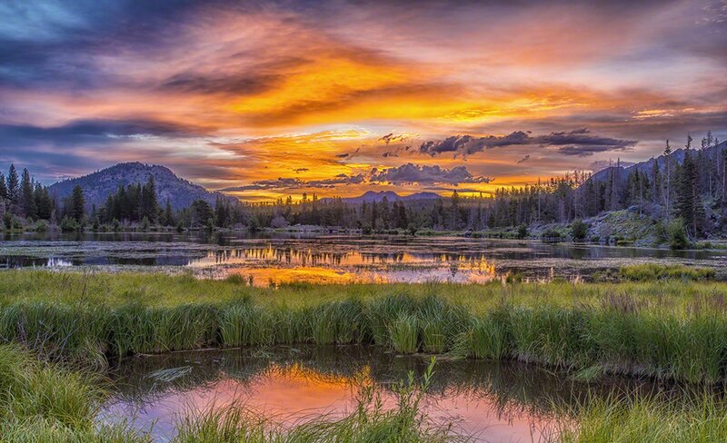 Lake at Sunset — Orange, Dramatic, Photograph, Mountains, Trees, Sky