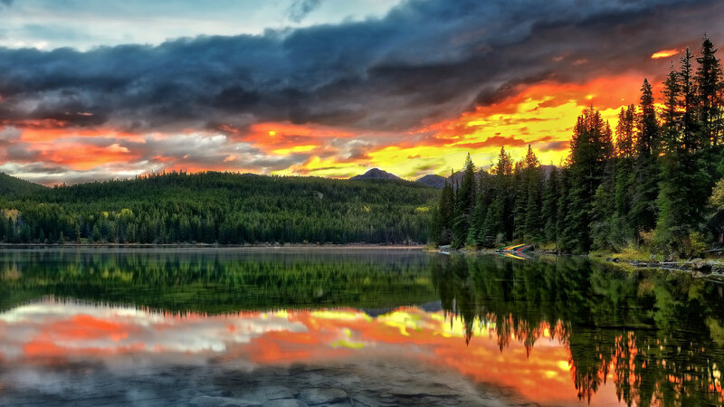 Lake at Sunset — Orange, Dramatic, Photograph, Mountains, Trees