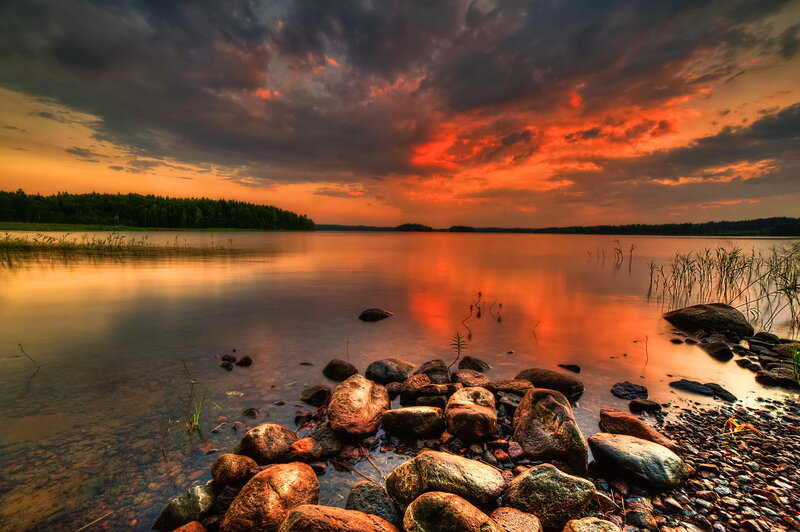 Lake at Sunset — Orange, Dramatic, Photograph, Rocks