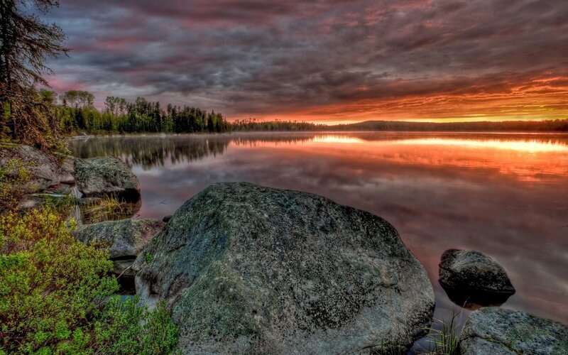 Lake at Sunset — Orange, Dramatic, Photograph, Rocks, Trees