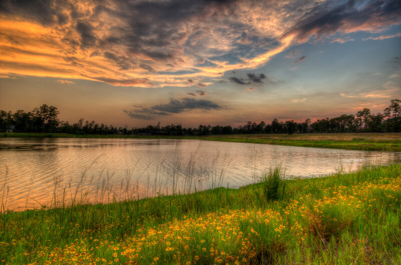Lake at Sunset — Orange, Dramatic, Photograph, Sky, Grass