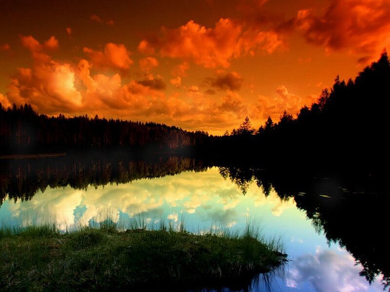 Lake at Sunset — Orange, Dramatic, Photograph, Sky, Trees