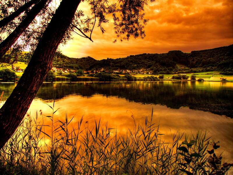 Lake at Sunset — Orange, Dramatic, Photograph, Tree