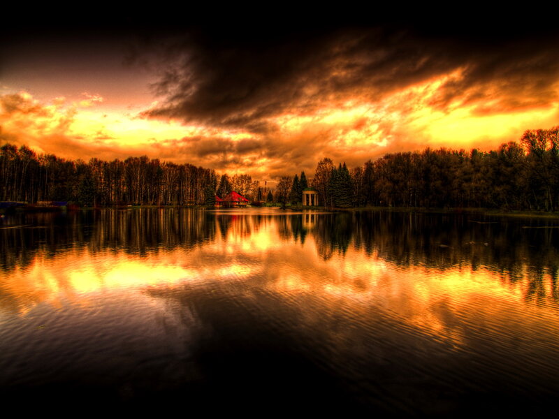 Lake at Sunset — Orange, Dramatic, Photograph, Trees, Clouds, Building