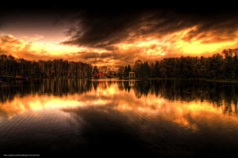 Lake at Sunset — Orange, Dramatic, Photograph, Trees, Clouds, Buildings