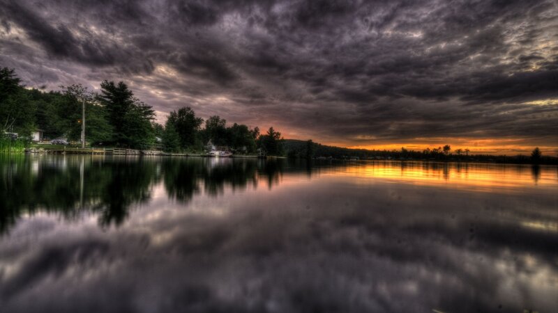 Lake at Sunset — Orange, Dramatic, Photograph, Trees, Clouds, Reflection