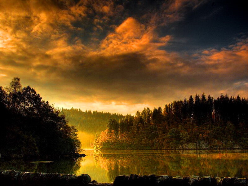 Lake at Sunset — Orange, Dramatic, Photograph, Trees, Clouds