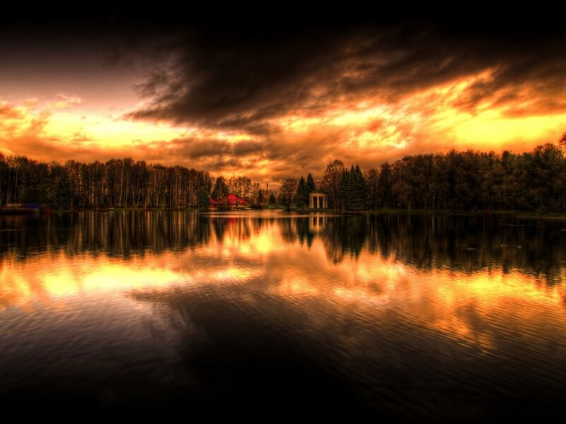 Lake at Sunset — Orange, Dramatic, Photograph, Trees, Sky, Building