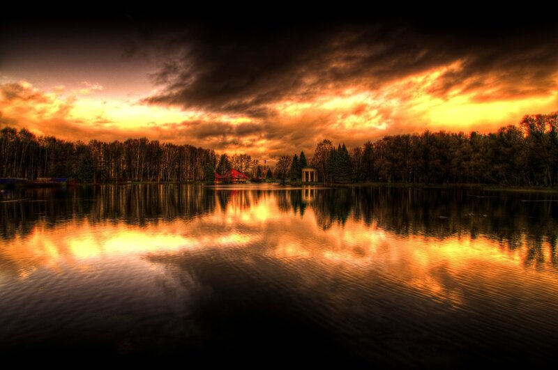 Lake at Sunset — Orange, Dramatic, Photograph, Trees, Sky, Buildings