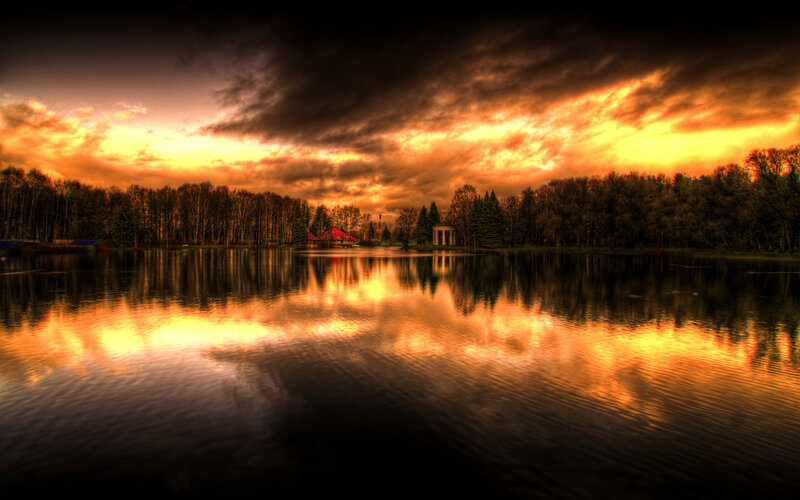 Lake at Sunset — Orange, Dramatic, Photograph, Trees, Sky