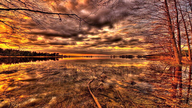 Lake at Sunset — Orange, Dramatic, Photograph, Trees