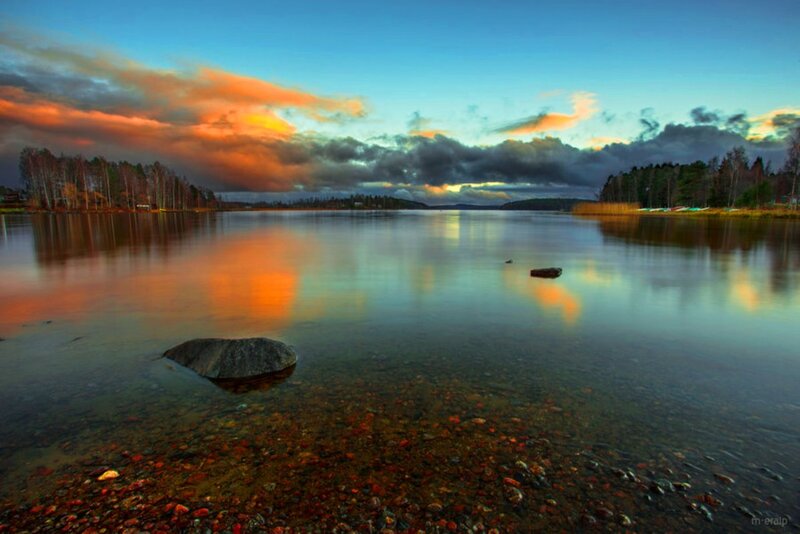 Lake at Sunset — Orange, Serene, Photograph, Clouds