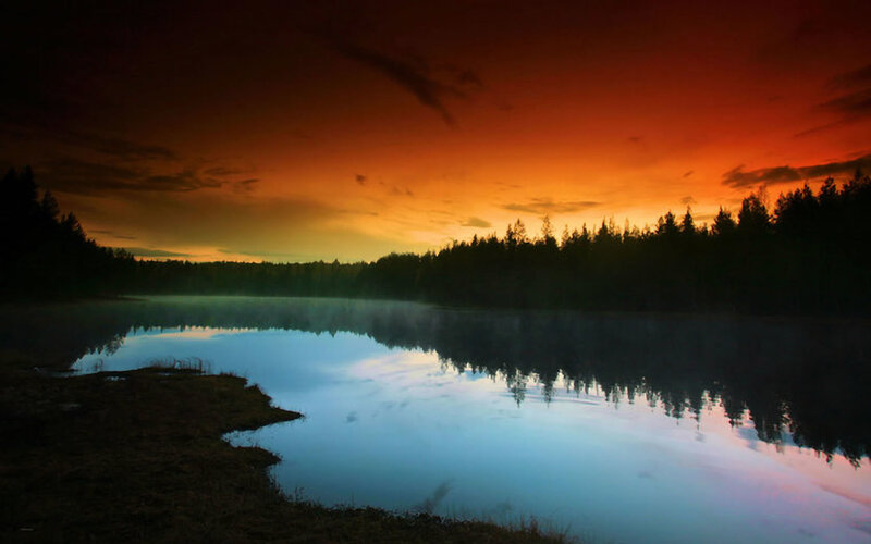 Lake at Sunset — Orange, Serene, Photograph, Forest, Sky