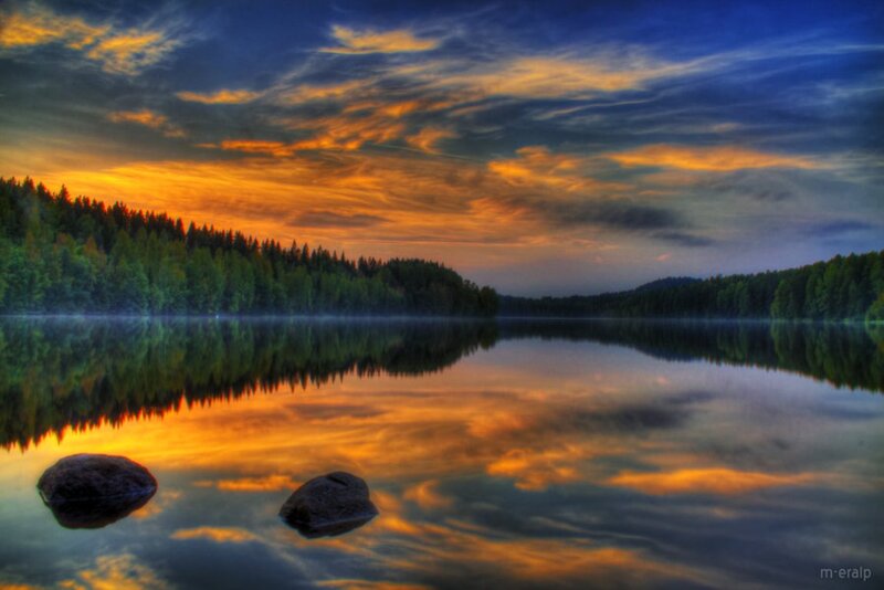 Lake at Sunset — Orange, Serene, Photograph, Forest