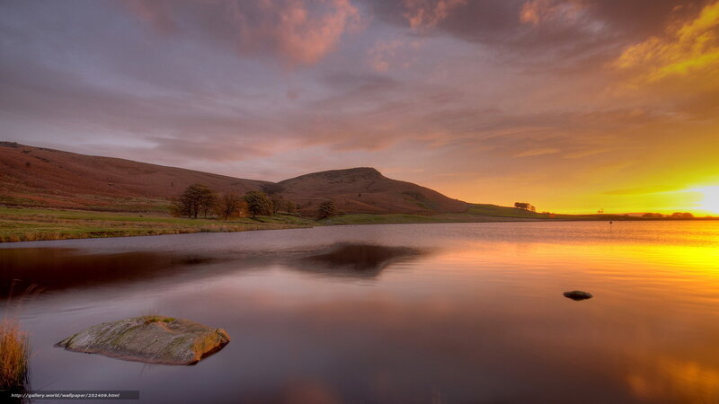 Lake at Sunset — Orange, Serene, Photograph, Mountain