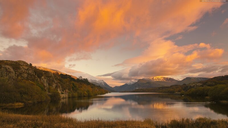 Lake at Sunset — Orange, Serene, Photograph, Mountains