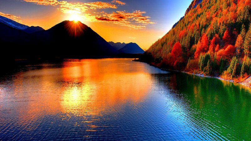 Lake at Sunset — Orange, Serene, Photograph, Mountains, Trees