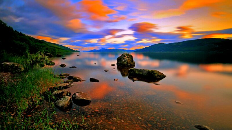 Lake at Sunset — Orange, Serene, Photograph, Rocks