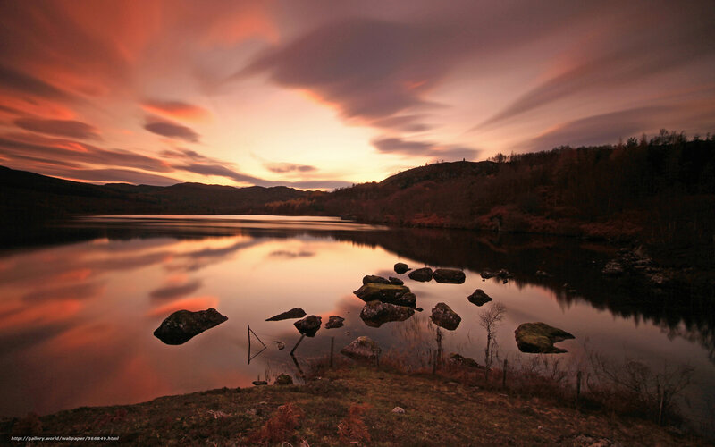 Lake at Sunset — Orange, Serene, Photograph, Rocks, Trees