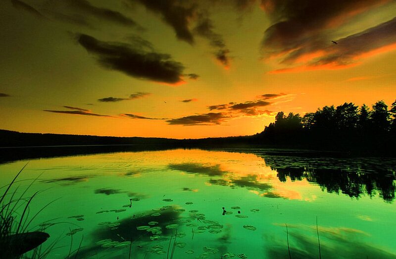 Lake at Sunset — Orange, Serene, Photograph, Sky