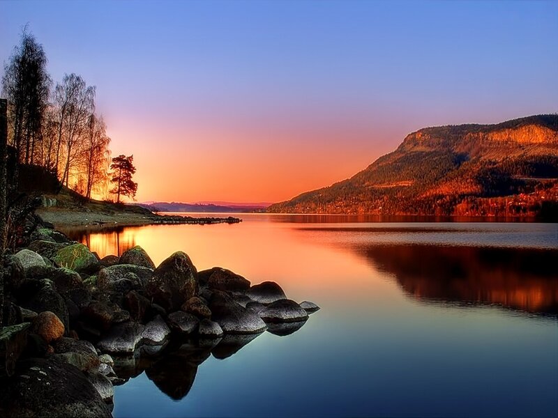 Lake at Sunset — Orange, Serene, Photograph