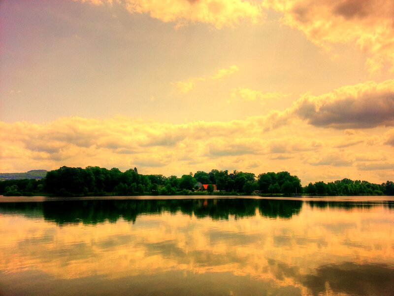 Lake at Sunset — Orange, Serene, Photograph, Trees, Clouds