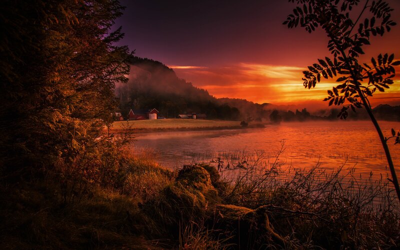 Lake at Sunset — Orange, Serene, Photograph, Trees, Mountain