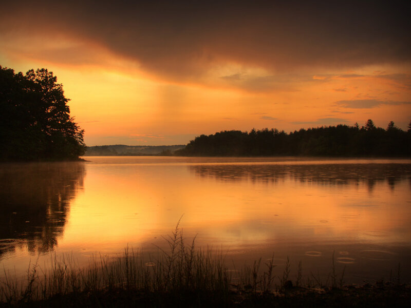 Lake at Sunset — Orange, Serene, Photograph, Trees, Sky