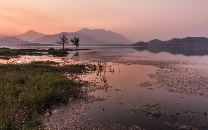 Lake at Sunset — Pink, Serene, Photograph, Mountains