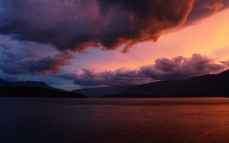 Lake at Sunset — Purple, Dramatic, Photograph, Mountains, Clouds