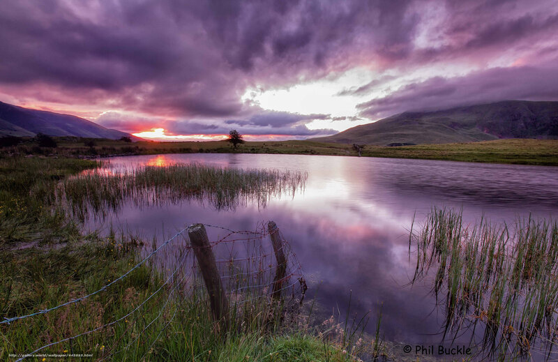 Lake at Sunset — Purple, Dramatic, Photograph, Mountains, Sky, Grass