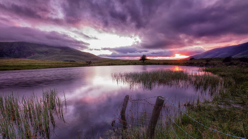 Lake at Sunset — Purple, Dramatic, Photograph, Mountains, Sky