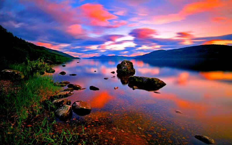Lake at Sunset — Purple, Serene, Photograph, Rocks