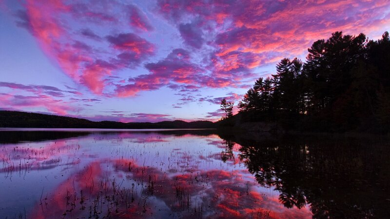 Lake at Sunset — Purple, Serene, Photograph, Sky, Trees, Reflection