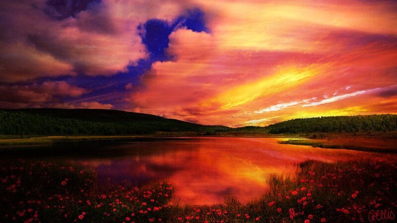 Lake at Sunset — Red, Dramatic, Digital Art