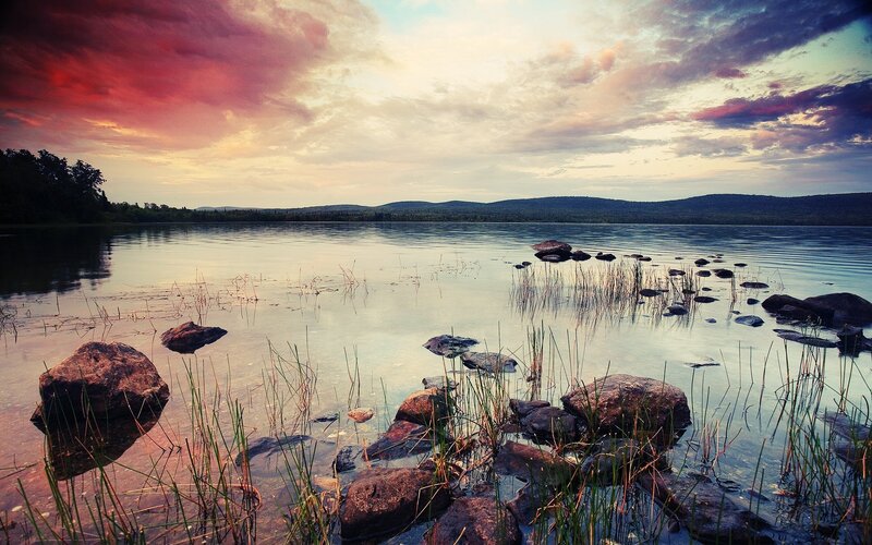 Lake at Sunset — Red, Serene