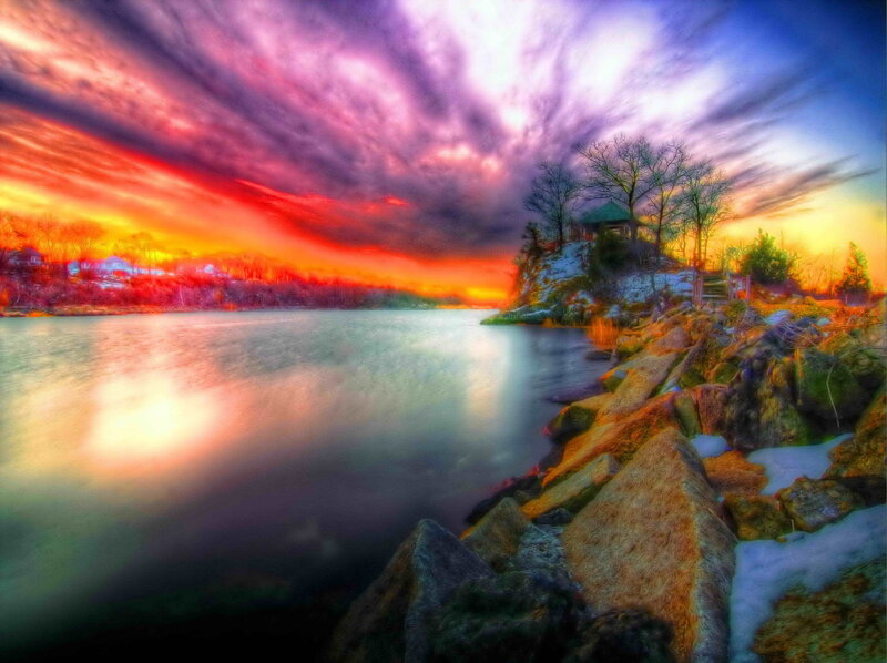 Lake at Sunset with Gazebo