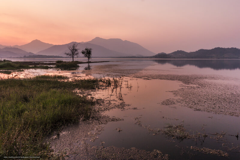 Lake at Sunset with Mountains — Pink