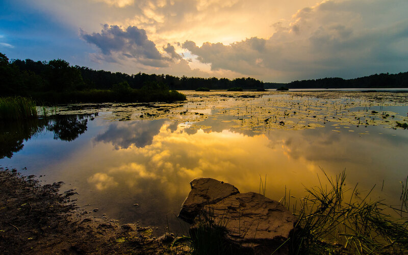 Lake at Sunset — Yellow, Serene, Photograph