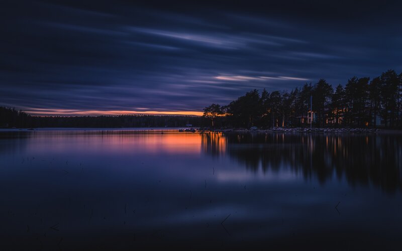 Lake at Twilight — Blue, Serene, Night, Photograph, Trees