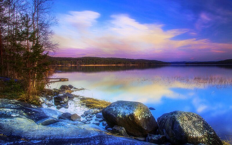 Lake at Twilight — Blue, Serene, Sunset, Photograph, Rocks