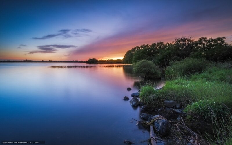 Lake at Twilight — Blue, Serene, Sunset, Photograph, Trees