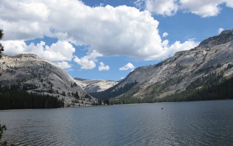 Lake Between Mountains — Blue, Serene, Afternoon, Photograph, Trees, Clouds