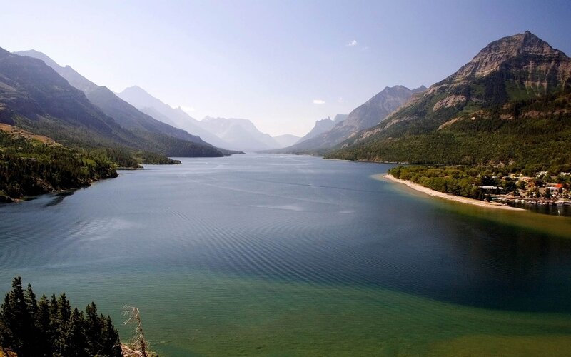 Lake Between Mountains — Blue, Serene, Afternoon, Photograph, Trees, Shoreline