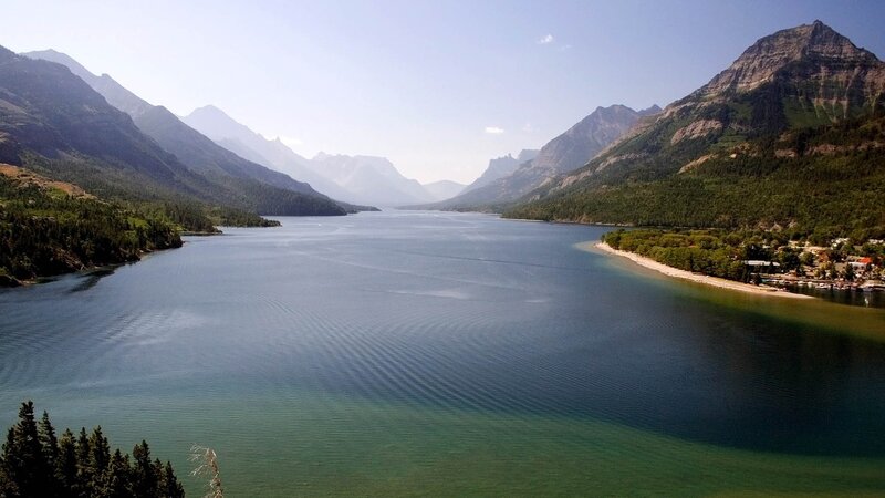 Lake Between Mountains — Blue, Serene, Afternoon, Photograph, Trees, Village, Green, Brown