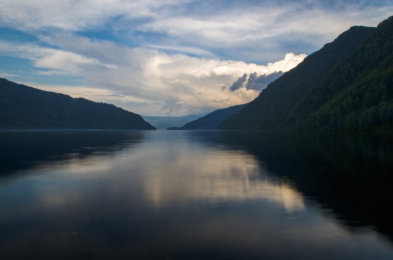 Lake Between Mountains — Blue, Serene, Morning, Photograph